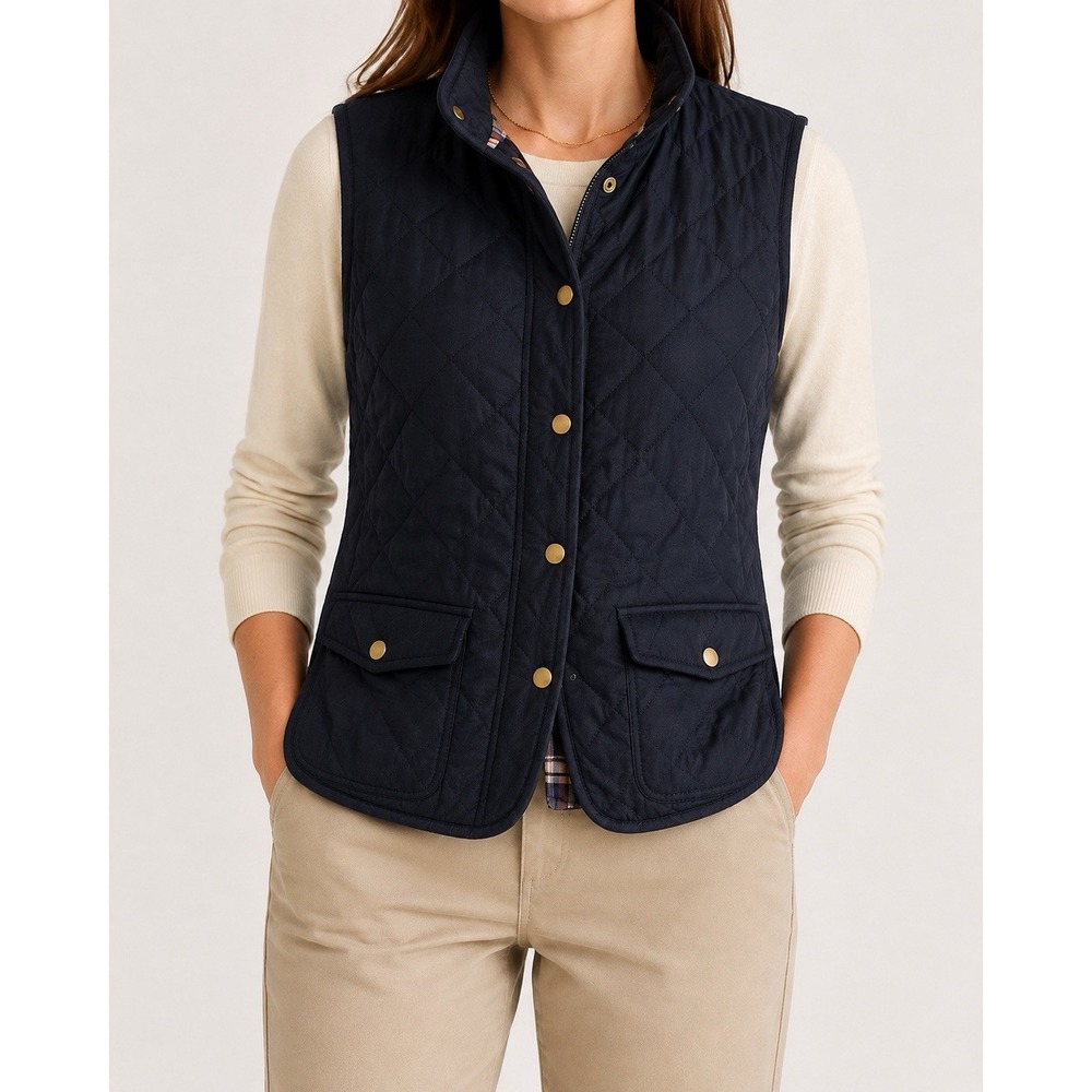 Cambridge Dry Goods Women's XL Navy Quilted Vest Corduroy Trim Plaid Lined